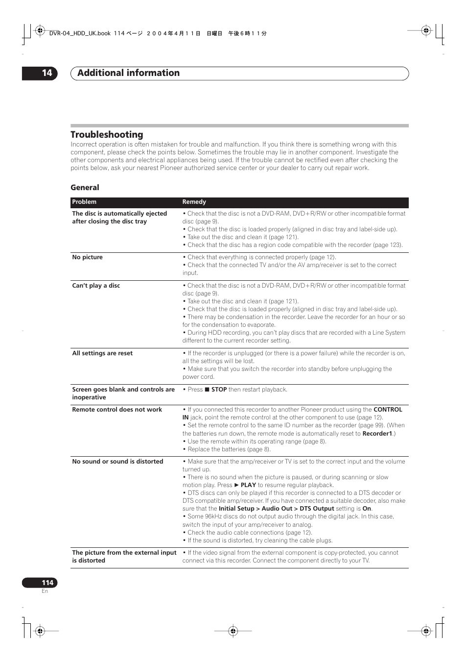 Troubleshooting, Additional information 14, General | Pioneer DVR-720H User Manual | Page 114 / 128