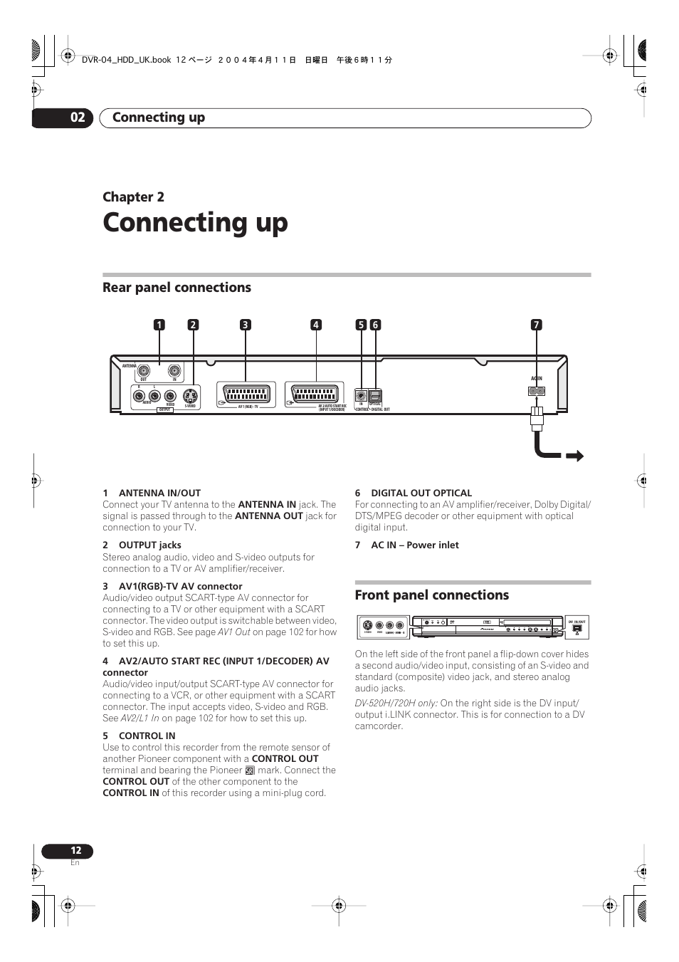 02 connecting up, Rear panel connections, Front panel connections | Connecting up, Connecting up 02, Chapter 2 | Pioneer DVR-720H User Manual | Page 12 / 128