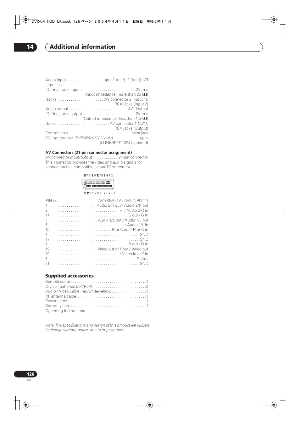 Additional information 14, Supplied accessories | Pioneer DVR-720H User Manual | Page 126 / 128