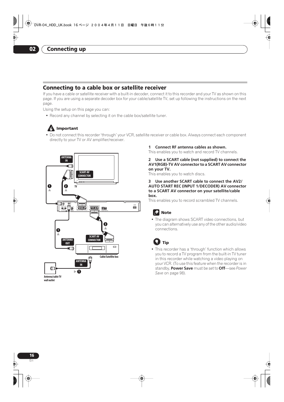 Connecting to a cable box or satellite receiver, Connecting up 02 | Pioneer DVR-720H User Manual | Page 16 / 128