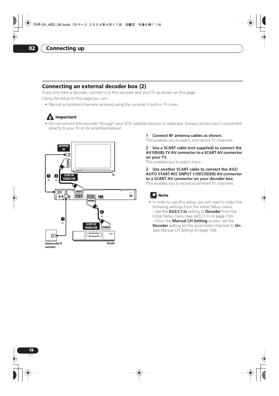 Connecting an external decoder box (2), Connecting up 02 | Pioneer DVR-720H User Manual | Page 18 / 128