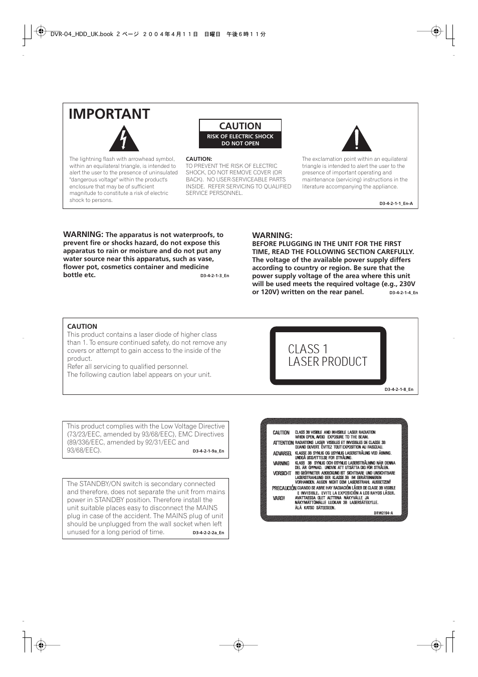 Important, Class 1 laser product, Caution | Pioneer DVR-720H User Manual | Page 2 / 128