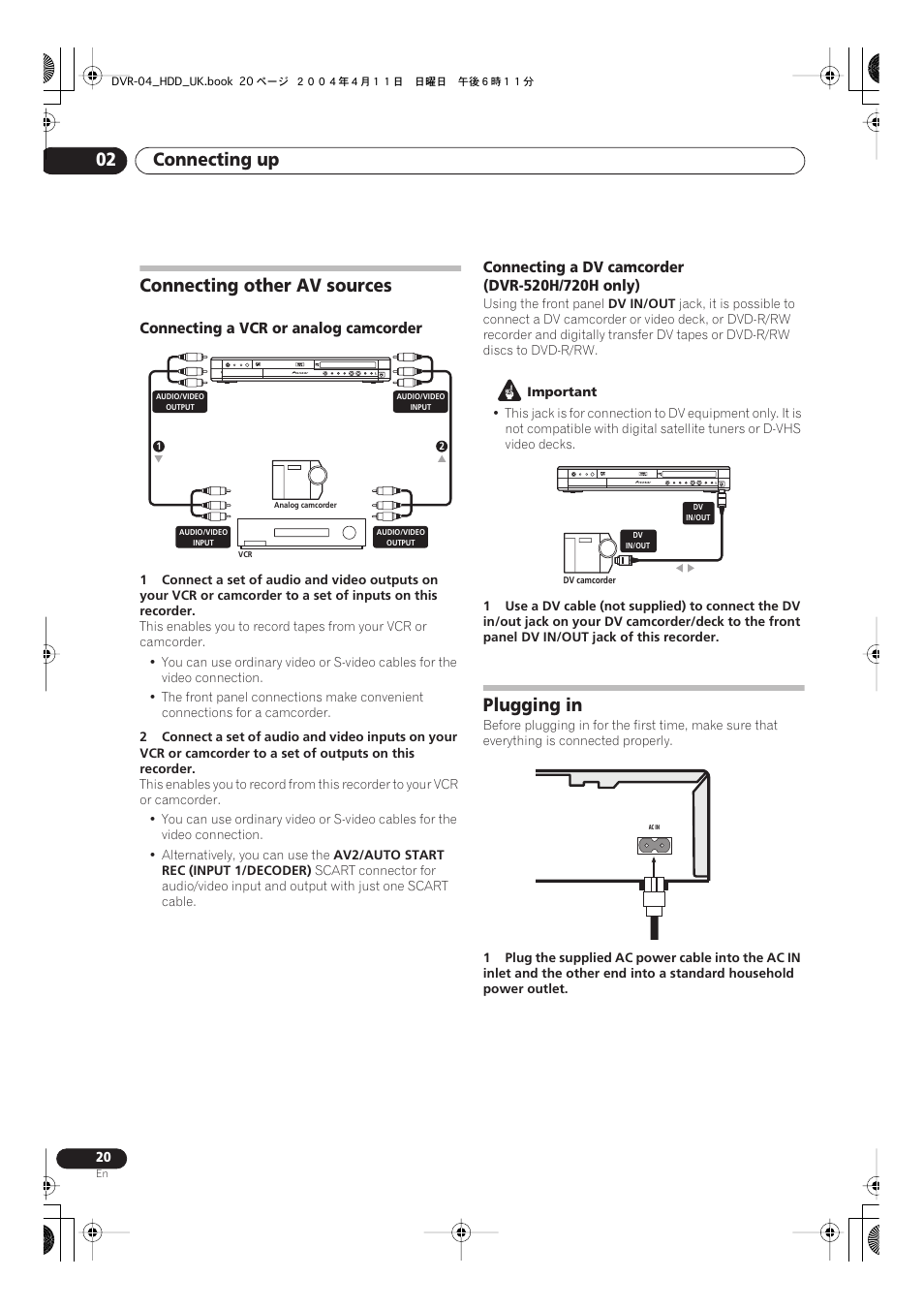 Connecting other av sources, Plugging in, Connecting up 02 | Pioneer DVR-720H User Manual | Page 20 / 128