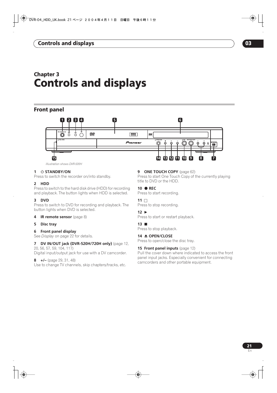 03 controls and displays, Front panel, Controls and displays | Controls and displays 03, Chapter 3 | Pioneer DVR-720H User Manual | Page 21 / 128