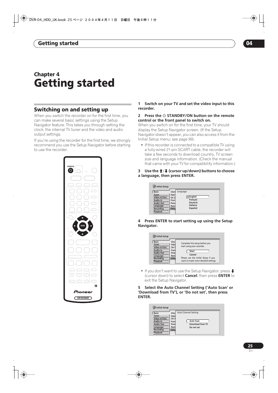 04 getting started, Switching on and setting up, Getting started | Getting started 04, Chapter 4 | Pioneer DVR-720H User Manual | Page 25 / 128
