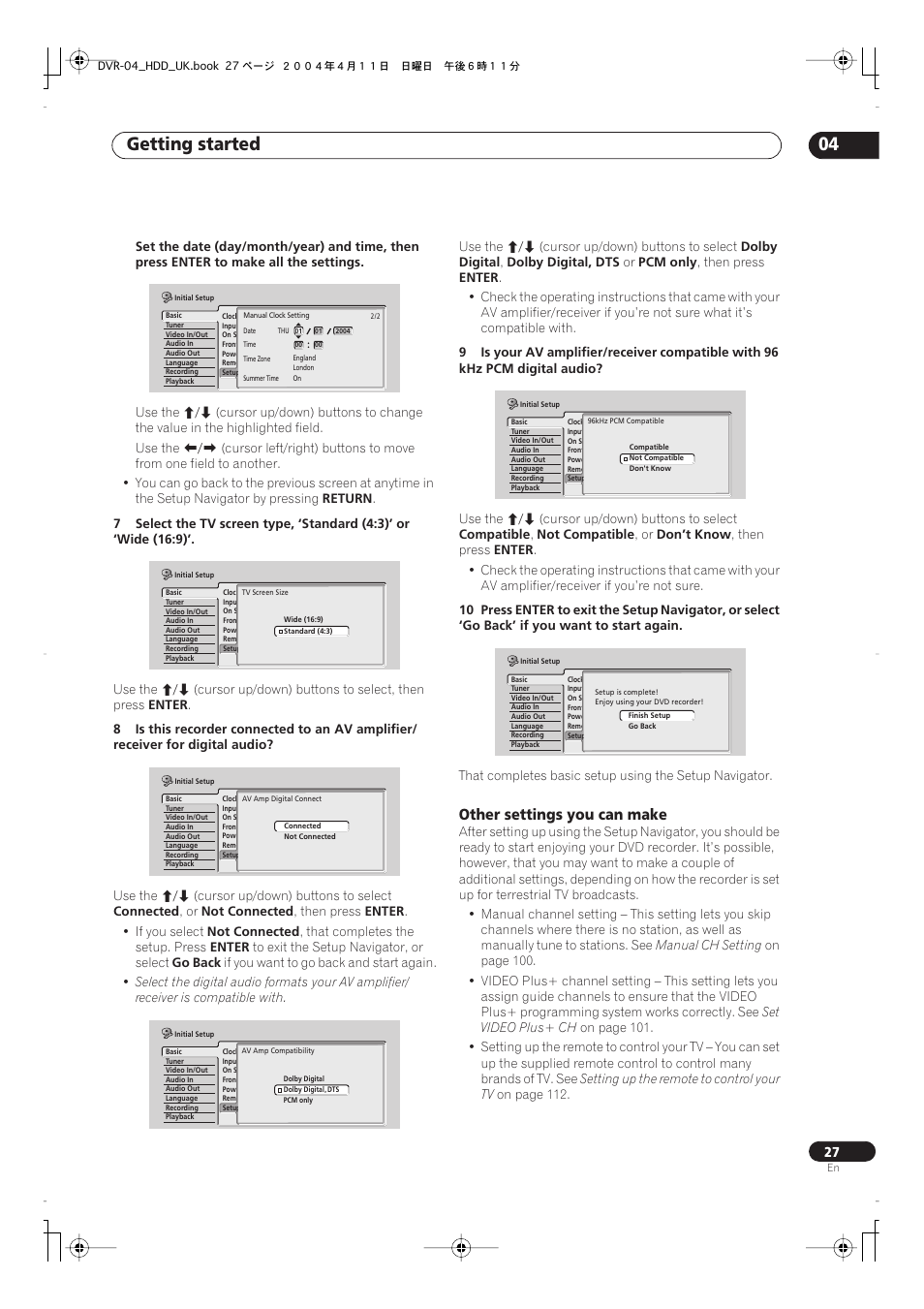 Getting started 04, Other settings you can make | Pioneer DVR-720H User Manual | Page 27 / 128