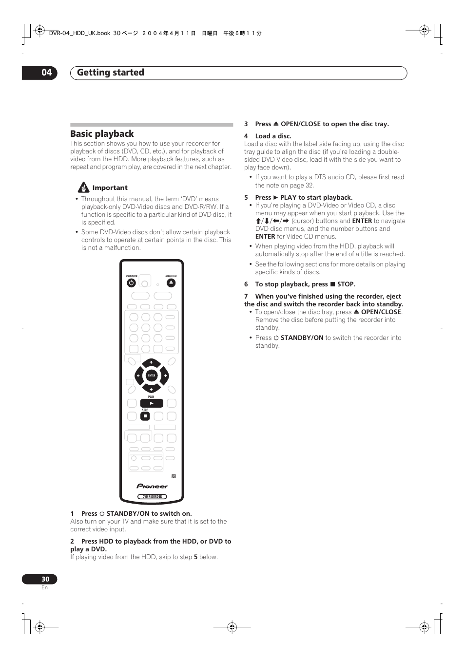 Basic playback, Getting started 04 | Pioneer DVR-720H User Manual | Page 30 / 128