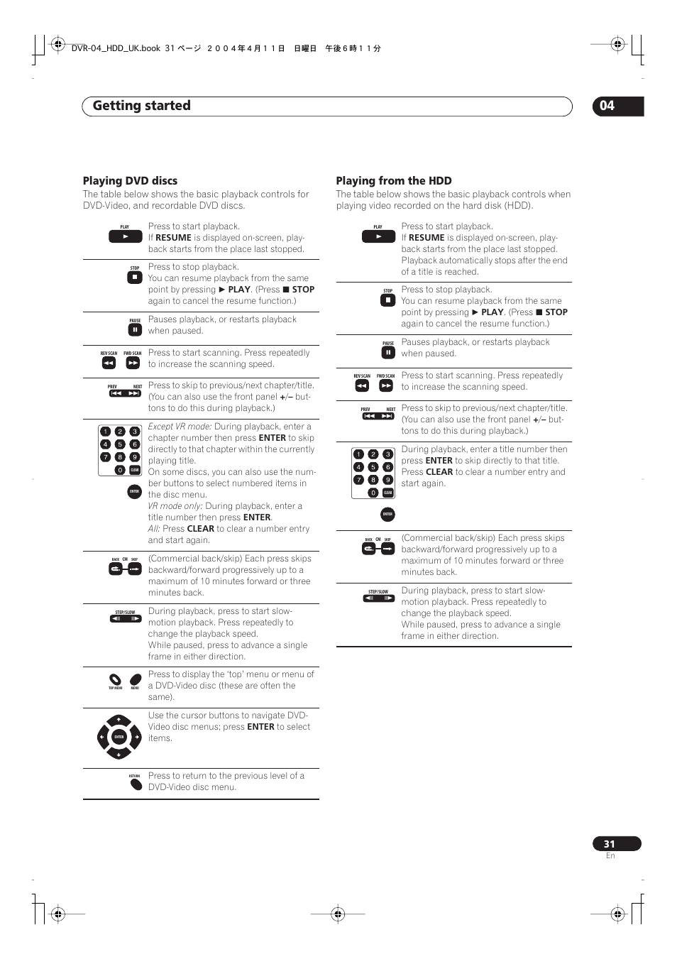 Getting started 04, Playing dvd discs, Playing from the hdd | Pioneer DVR-720H User Manual | Page 31 / 128