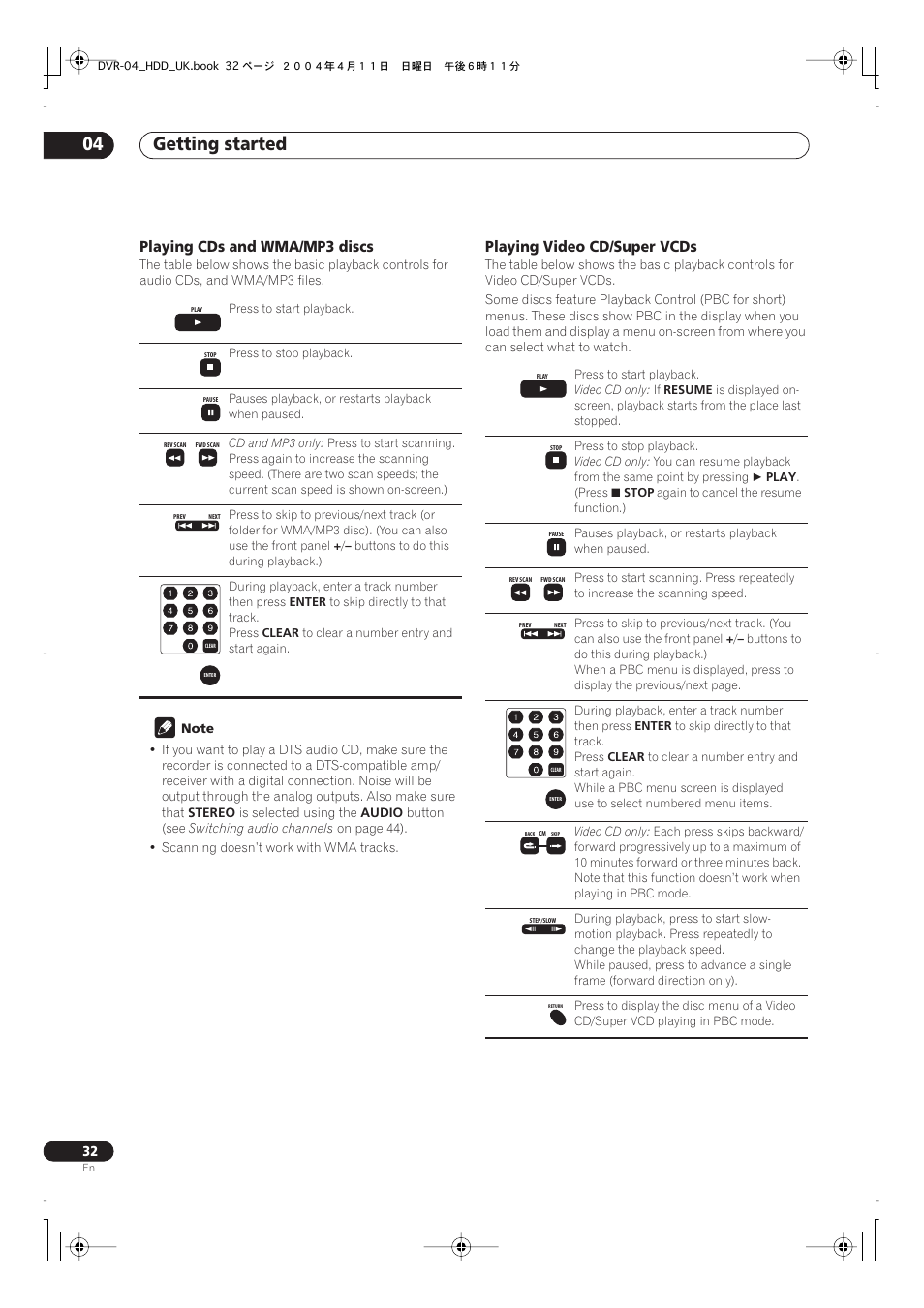 Getting started 04, Playing cds and wma/mp3 discs, Playing video cd/super vcds | Pioneer DVR-720H User Manual | Page 32 / 128