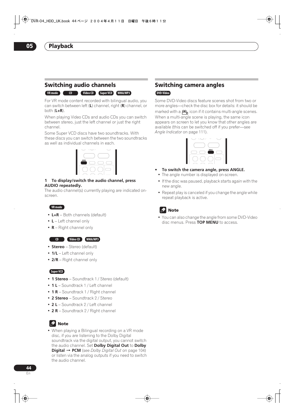 Switching audio channels, Switching camera angles, Playback 05 | Pioneer DVR-720H User Manual | Page 44 / 128