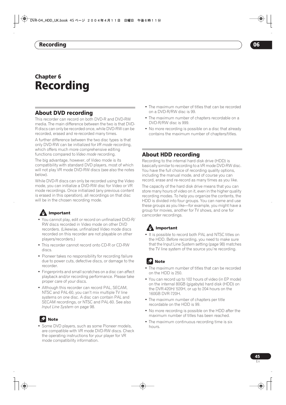 06 recording, About dvd recording, About hdd recording | Recording, Recording 06, Chapter 6 | Pioneer DVR-720H User Manual | Page 45 / 128