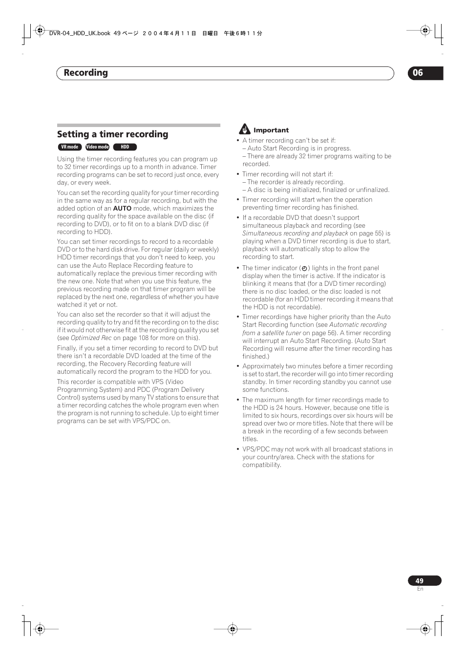 Setting a timer recording, Recording 06 | Pioneer DVR-720H User Manual | Page 49 / 128