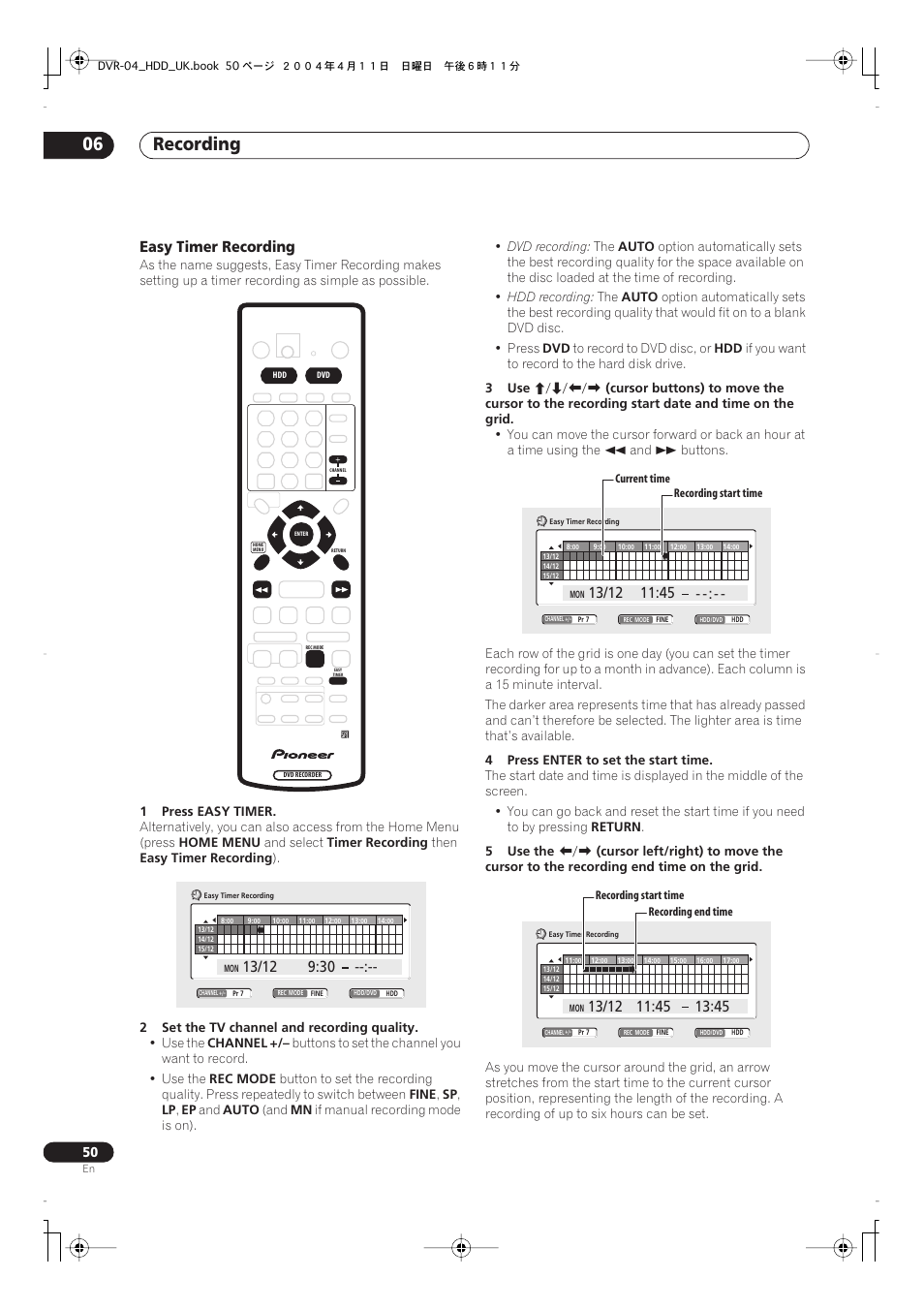 Recording 06, Easy timer recording | Pioneer DVR-720H User Manual | Page 50 / 128