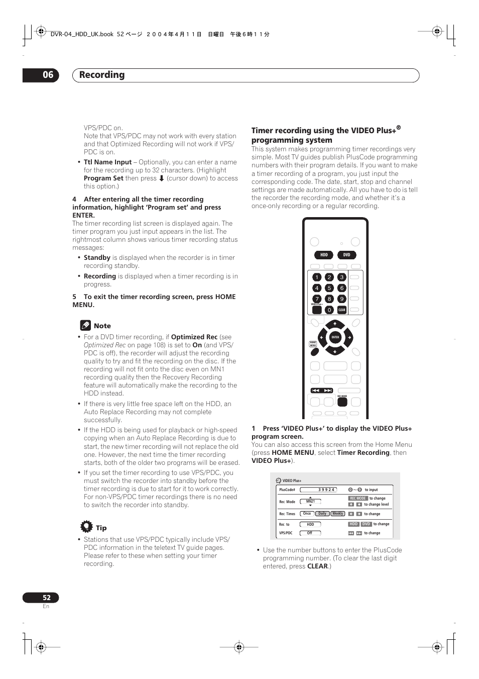 Recording 06, Timer recording using the video plus, Programming system | Pioneer DVR-720H User Manual | Page 52 / 128