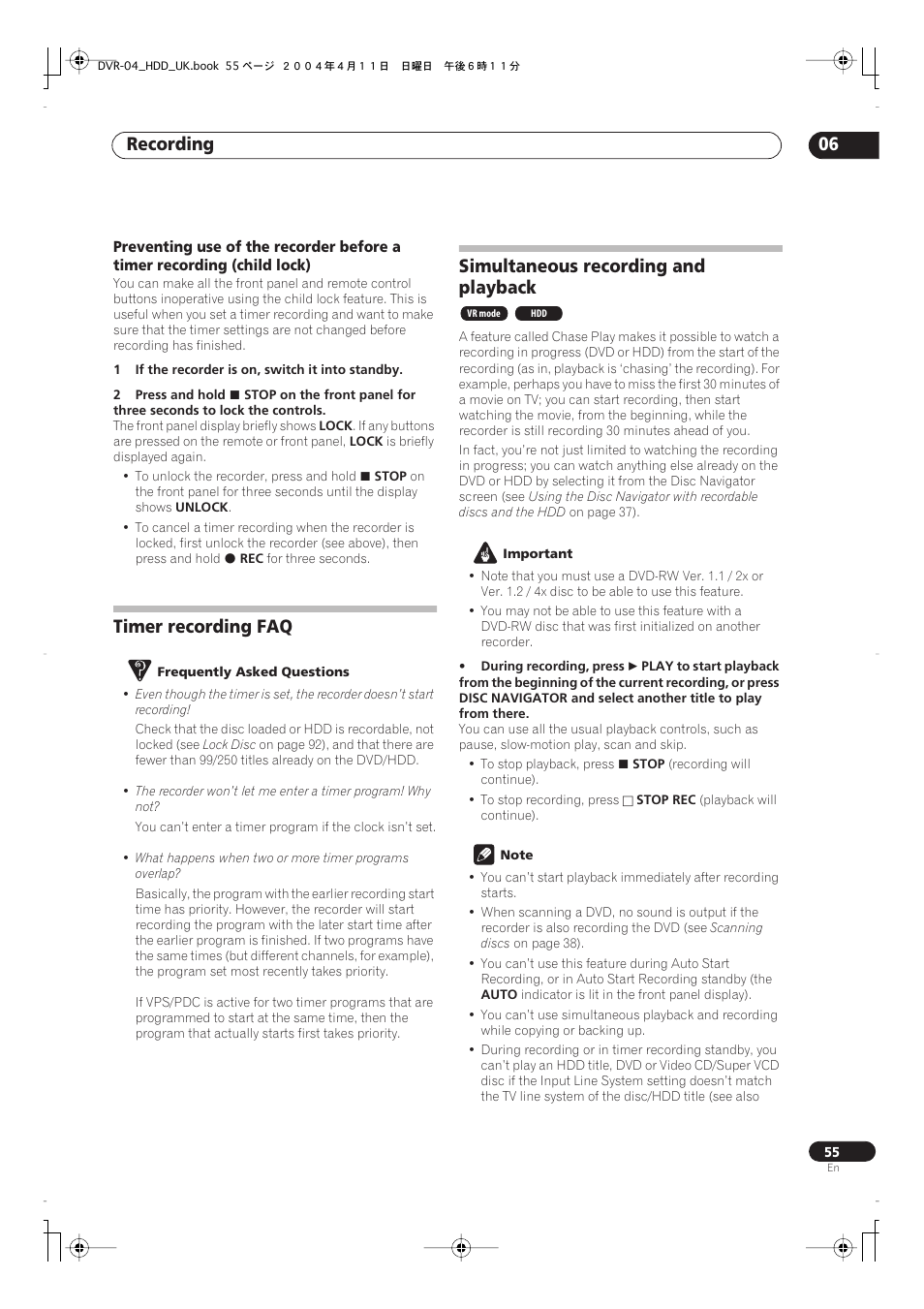 Timer recording faq, Simultaneous recording and playback, Recording 06 | Pioneer DVR-720H User Manual | Page 55 / 128