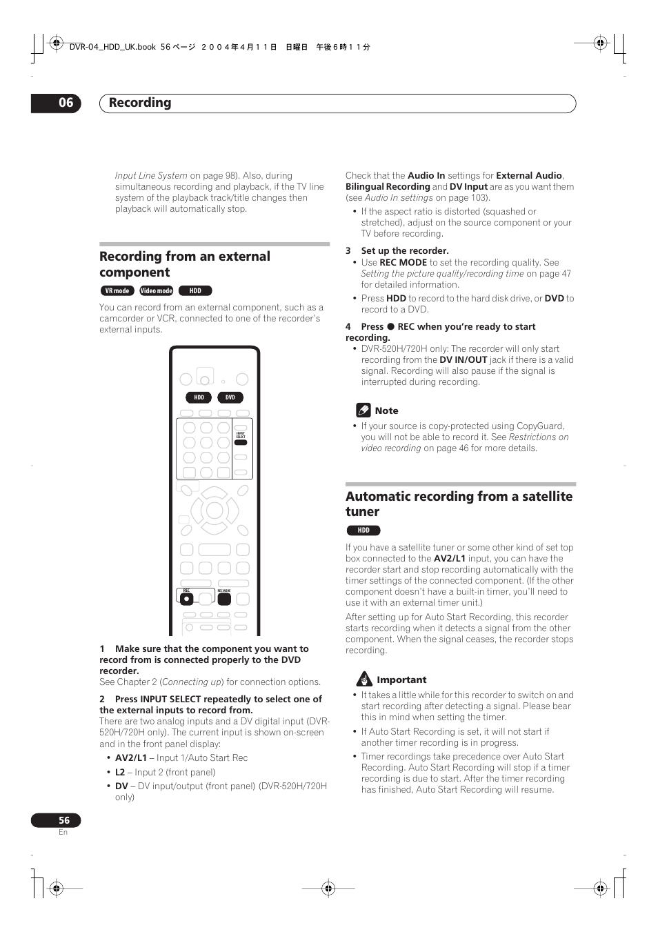 Recording from an external component, Automatic recording from a satellite tuner, Recording 06 | Pioneer DVR-720H User Manual | Page 56 / 128
