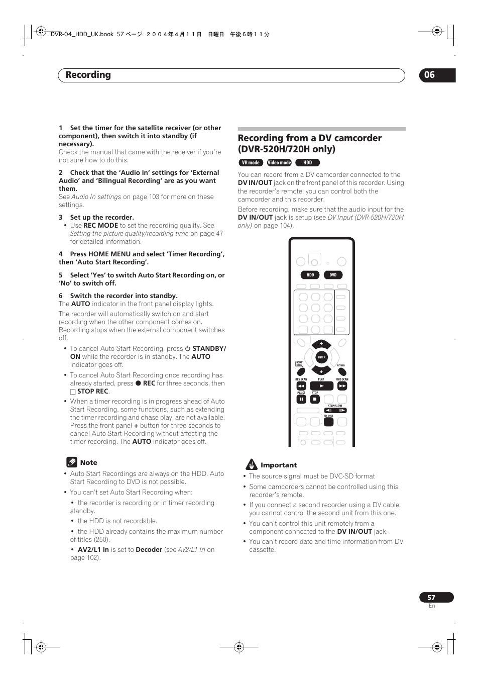 Recording from a dv camcorder (dvr-520h/720h only), Recording 06 | Pioneer DVR-720H User Manual | Page 57 / 128