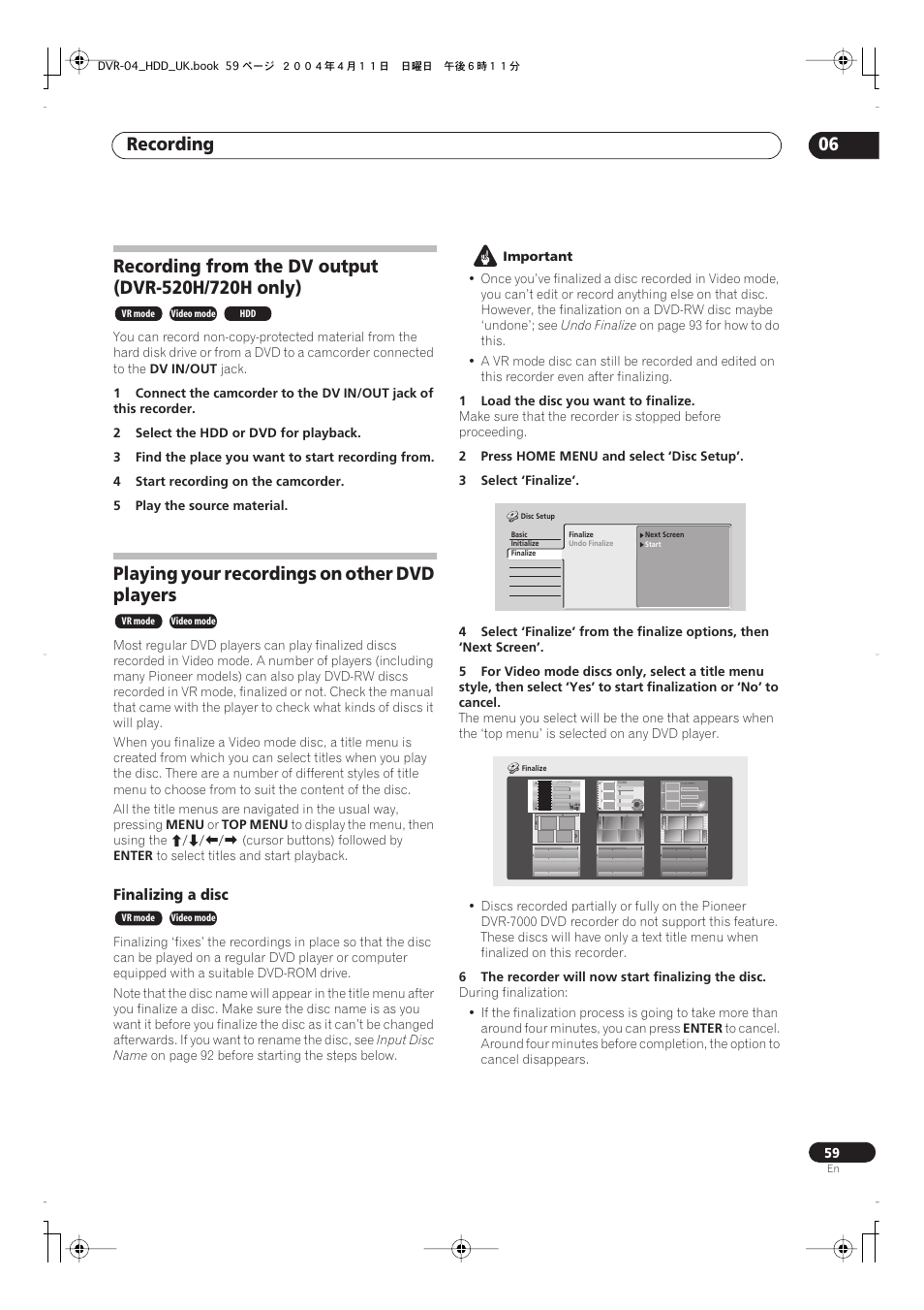 Recording from the dv output (dvr-520h/720h only), Playing your recordings on other dvd players, Recording 06 | Pioneer DVR-720H User Manual | Page 59 / 128