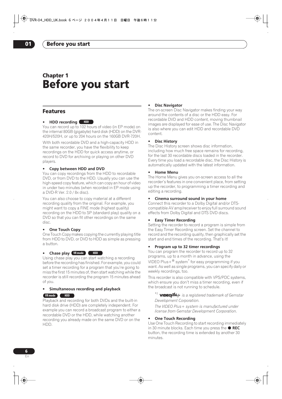 01 before you start, Features, Before you start | Before you start 01, Chapter 1 | Pioneer DVR-720H User Manual | Page 6 / 128