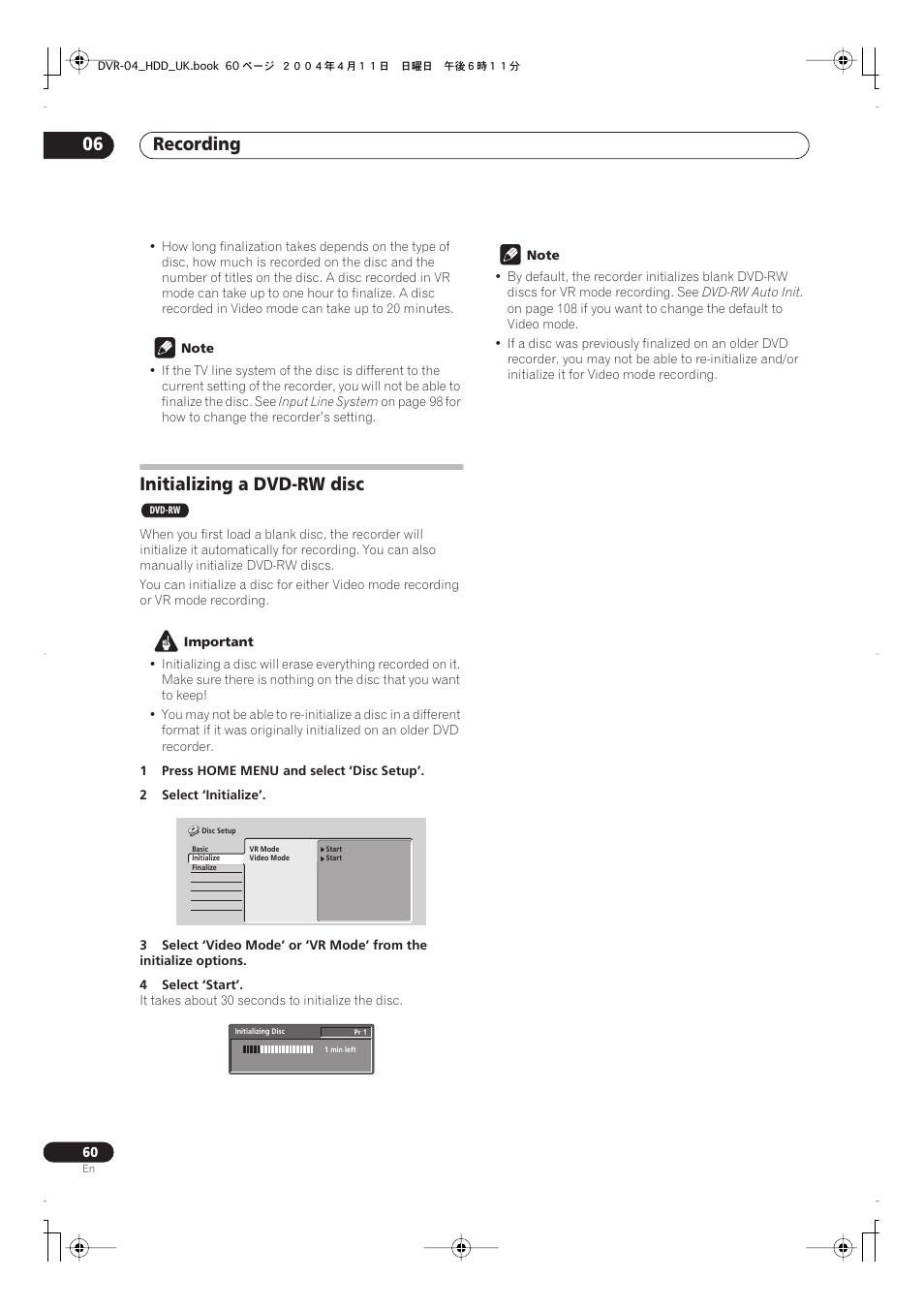 Initializing a dvd-rw disc, Recording 06 | Pioneer DVR-720H User Manual | Page 60 / 128