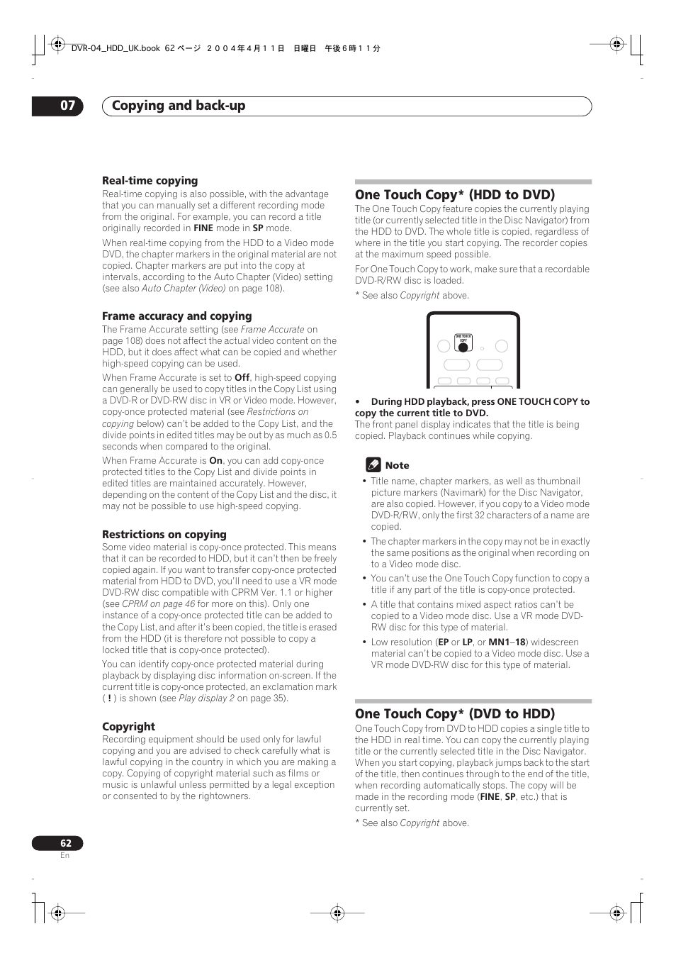 One touch copy (hdd to dvd), One touch copy (dvd to hdd), Copying and back-up 07 | One touch copy* (hdd to dvd), One touch copy* (dvd to hdd) | Pioneer DVR-720H User Manual | Page 62 / 128