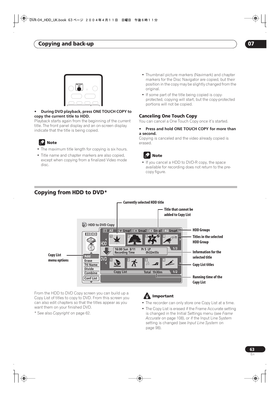 Copying from hdd to dvd, Copying and back-up 07, Dvd hdd hdd | Pioneer DVR-720H User Manual | Page 63 / 128