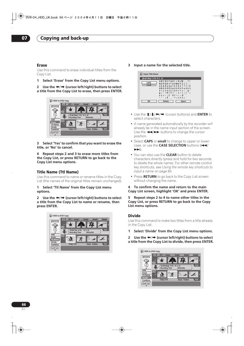 Copying and back-up 07, Erase, Title name (ttl name) | Divide | Pioneer DVR-720H User Manual | Page 66 / 128