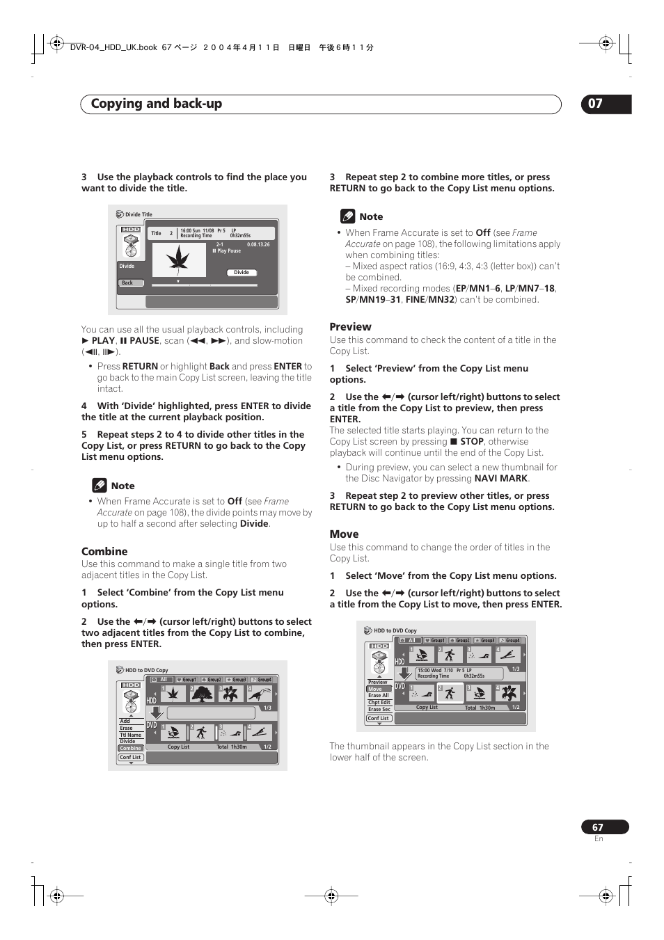 Copying and back-up 07, Combine, Preview | Move | Pioneer DVR-720H User Manual | Page 67 / 128