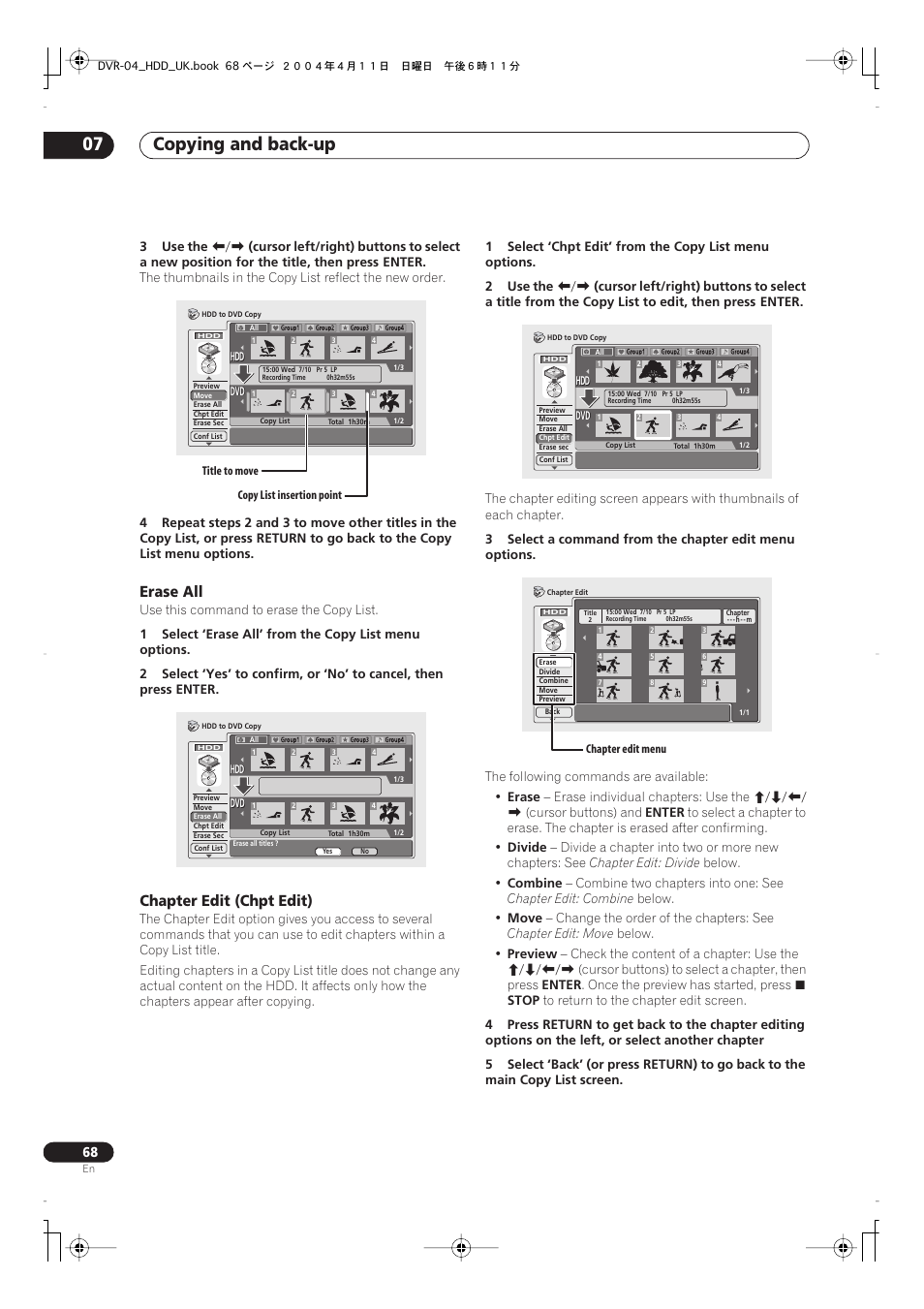 Copying and back-up 07, Erase all, Chapter edit (chpt edit) | Pioneer DVR-720H User Manual | Page 68 / 128