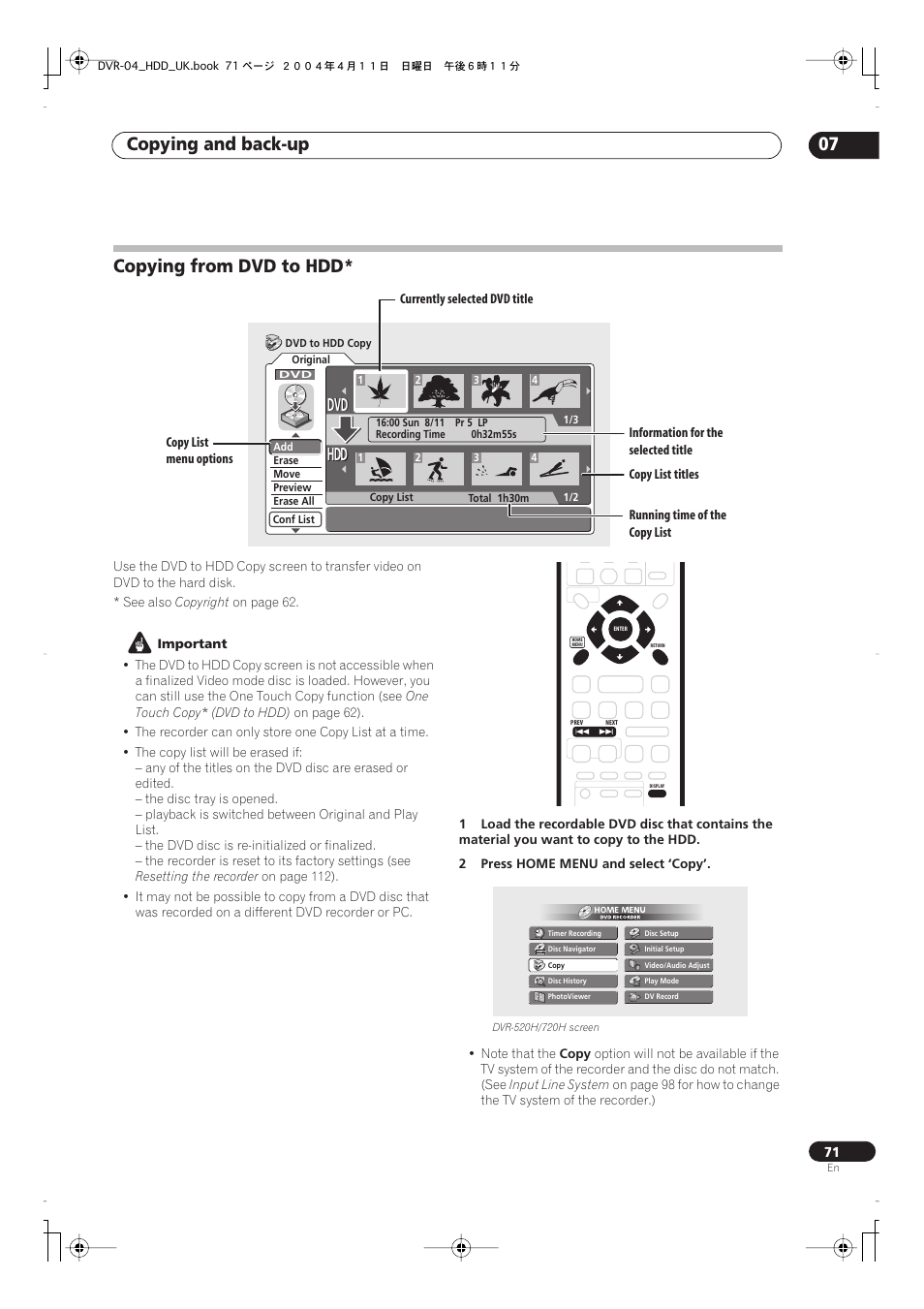 Copying from dvd to hdd, Copying and back-up 07, Dvd hdd hdd | Pioneer DVR-720H User Manual | Page 71 / 128
