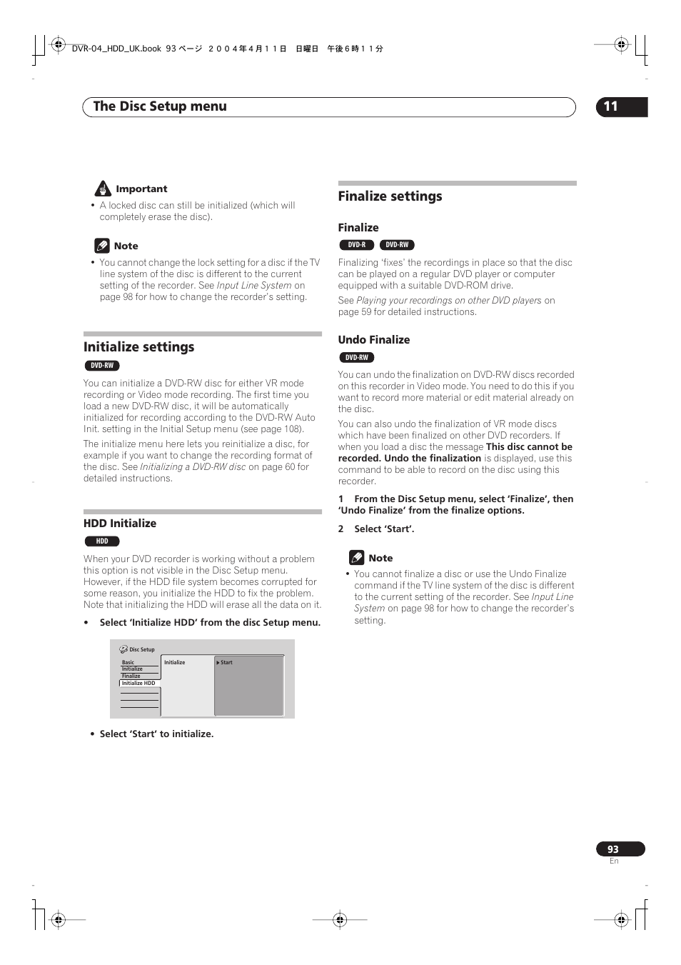 Initialize settings, Hdd initialize, Finalize settings | The disc setup menu 11 | Pioneer DVR-720H User Manual | Page 93 / 128