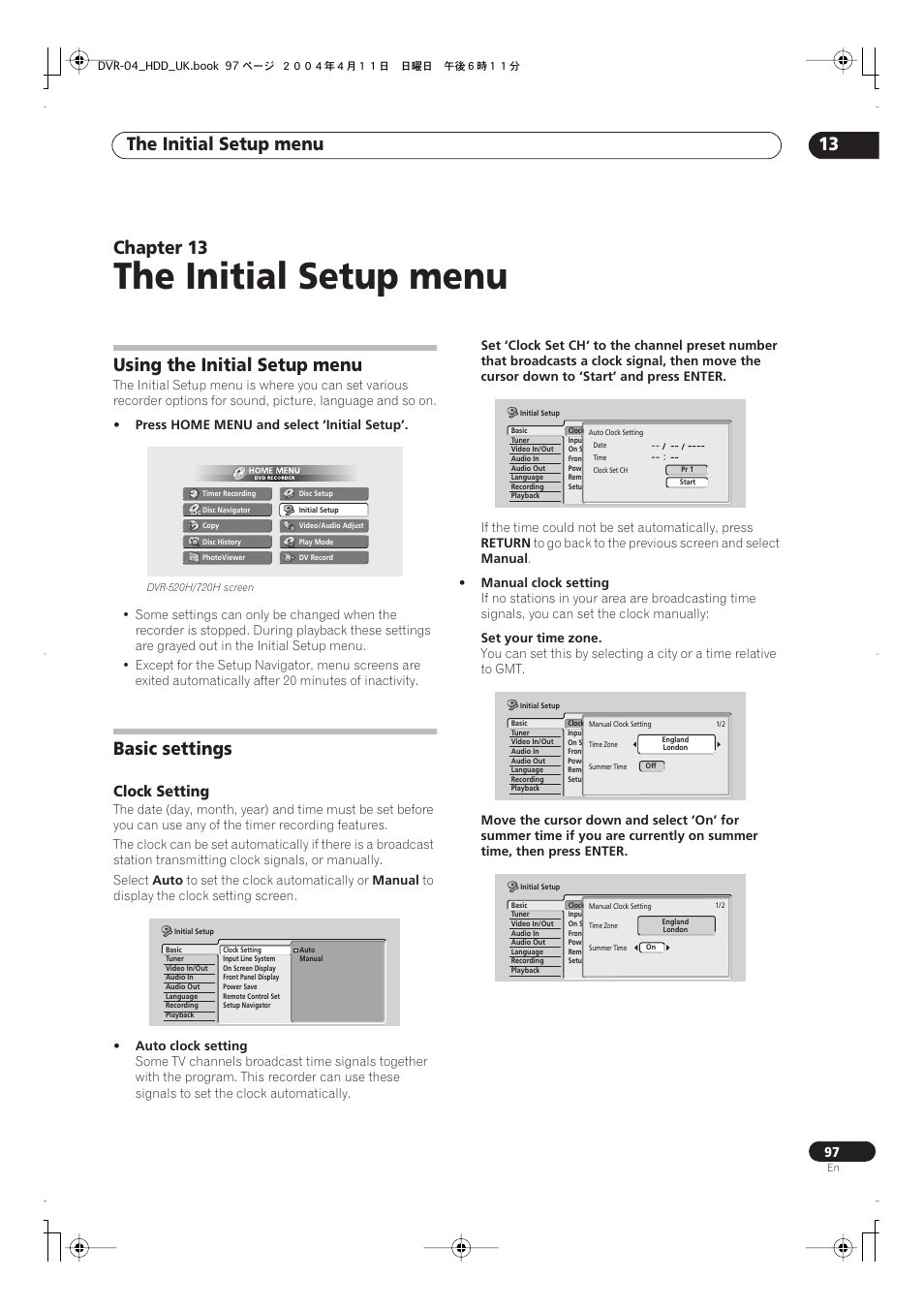 13 the initial setup menu, Using the initial setup menu, Basic settings | The initial setup menu, The initial setup menu 13, Chapter 13, Clock setting | Pioneer DVR-720H User Manual | Page 97 / 128