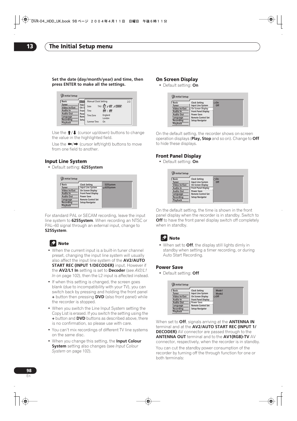 The initial setup menu 13 | Pioneer DVR-720H User Manual | Page 98 / 128