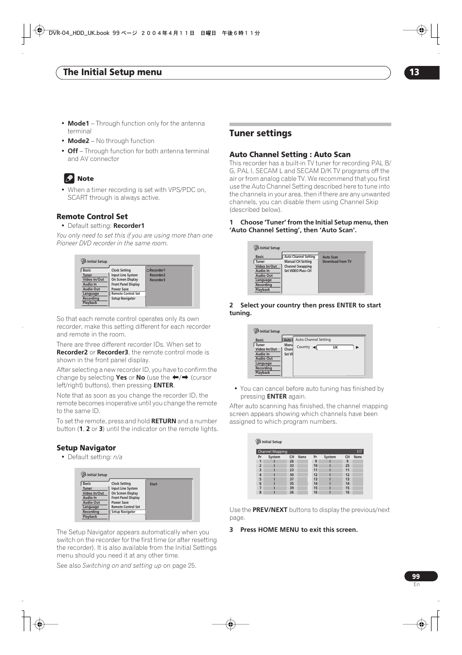 Tuner settings, The initial setup menu 13 | Pioneer DVR-720H User Manual | Page 99 / 128