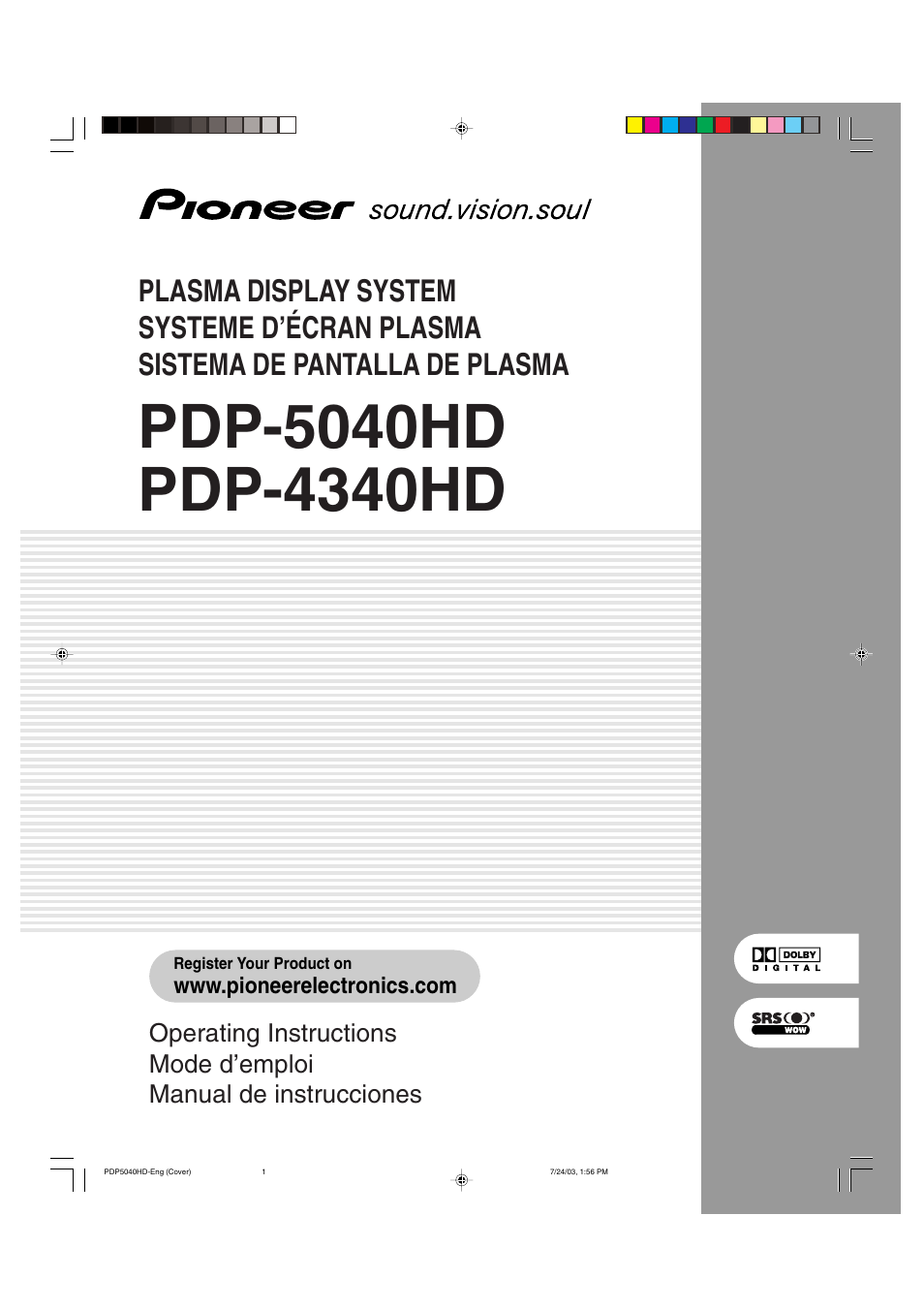 Pioneer PureVision PDP 5040HD User Manual | 110 pages