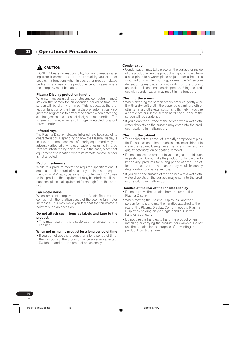 03 operational precautions | Pioneer PureVision PDP 5040HD User Manual | Page 10 / 110