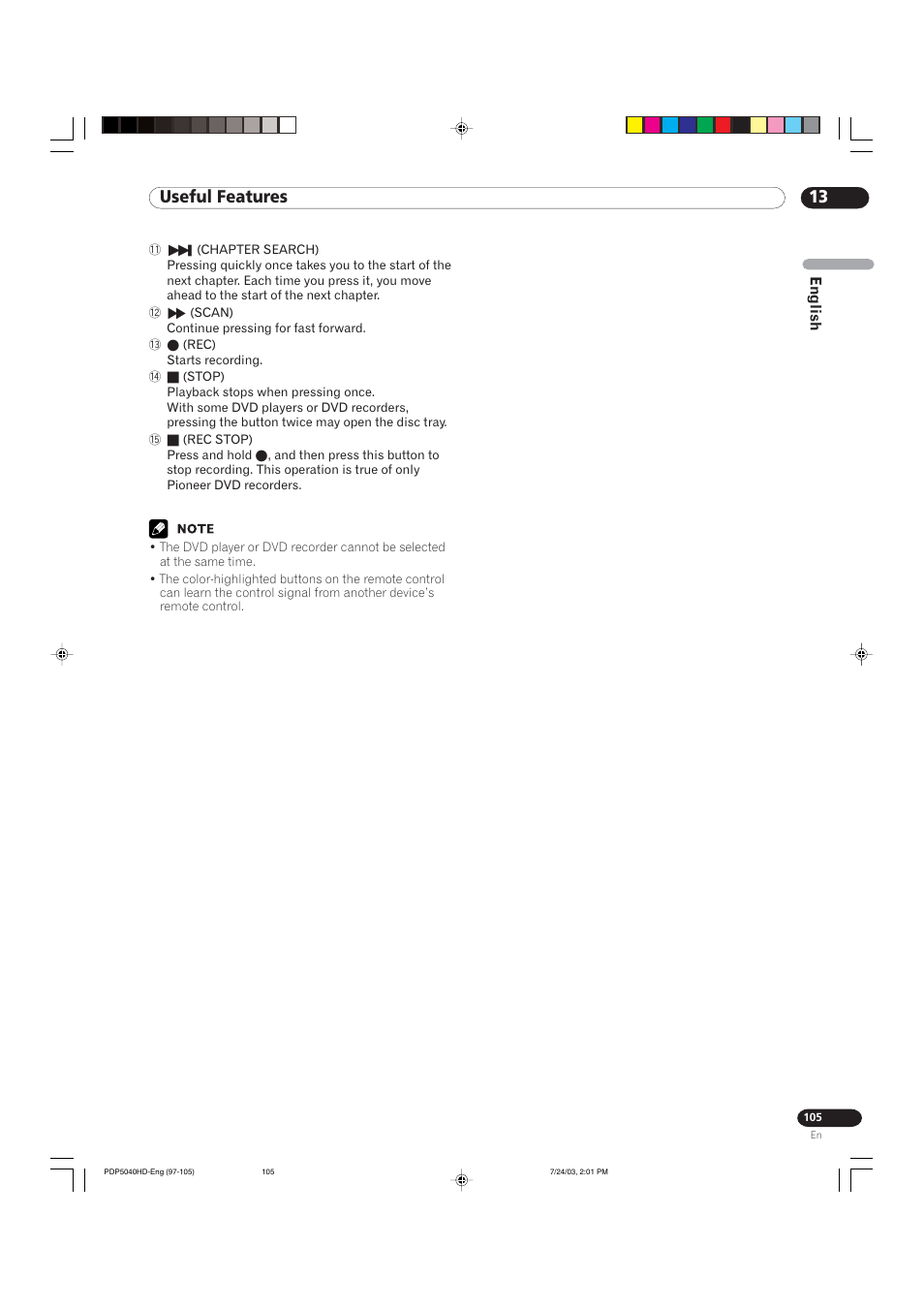 13 useful features | Pioneer PureVision PDP 5040HD User Manual | Page 105 / 110