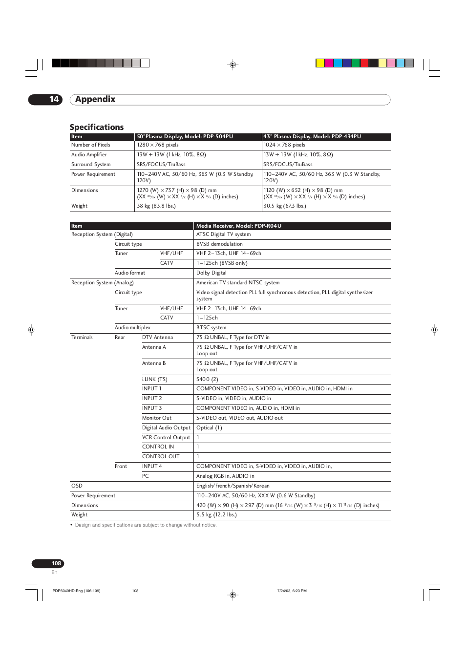 14 appendix, Specifications | Pioneer PureVision PDP 5040HD User Manual | Page 108 / 110