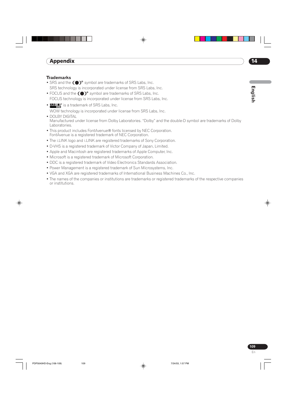 14 appendix | Pioneer PureVision PDP 5040HD User Manual | Page 109 / 110