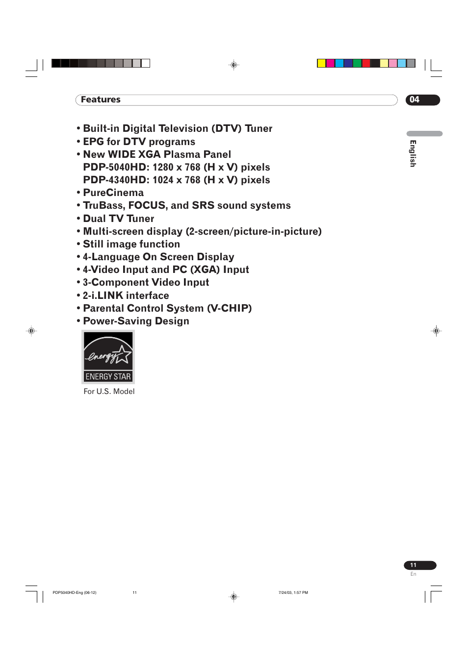 04 features | Pioneer PureVision PDP 5040HD User Manual | Page 11 / 110