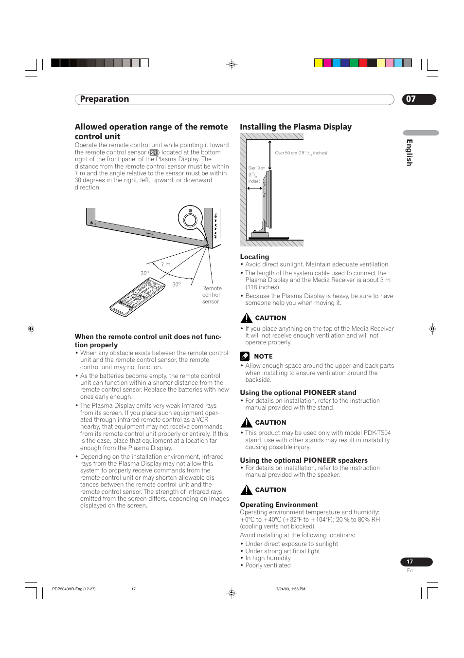 07 preparation, Installing the plasma display, Allowed operation range of the remote control unit | Pioneer PureVision PDP 5040HD User Manual | Page 17 / 110