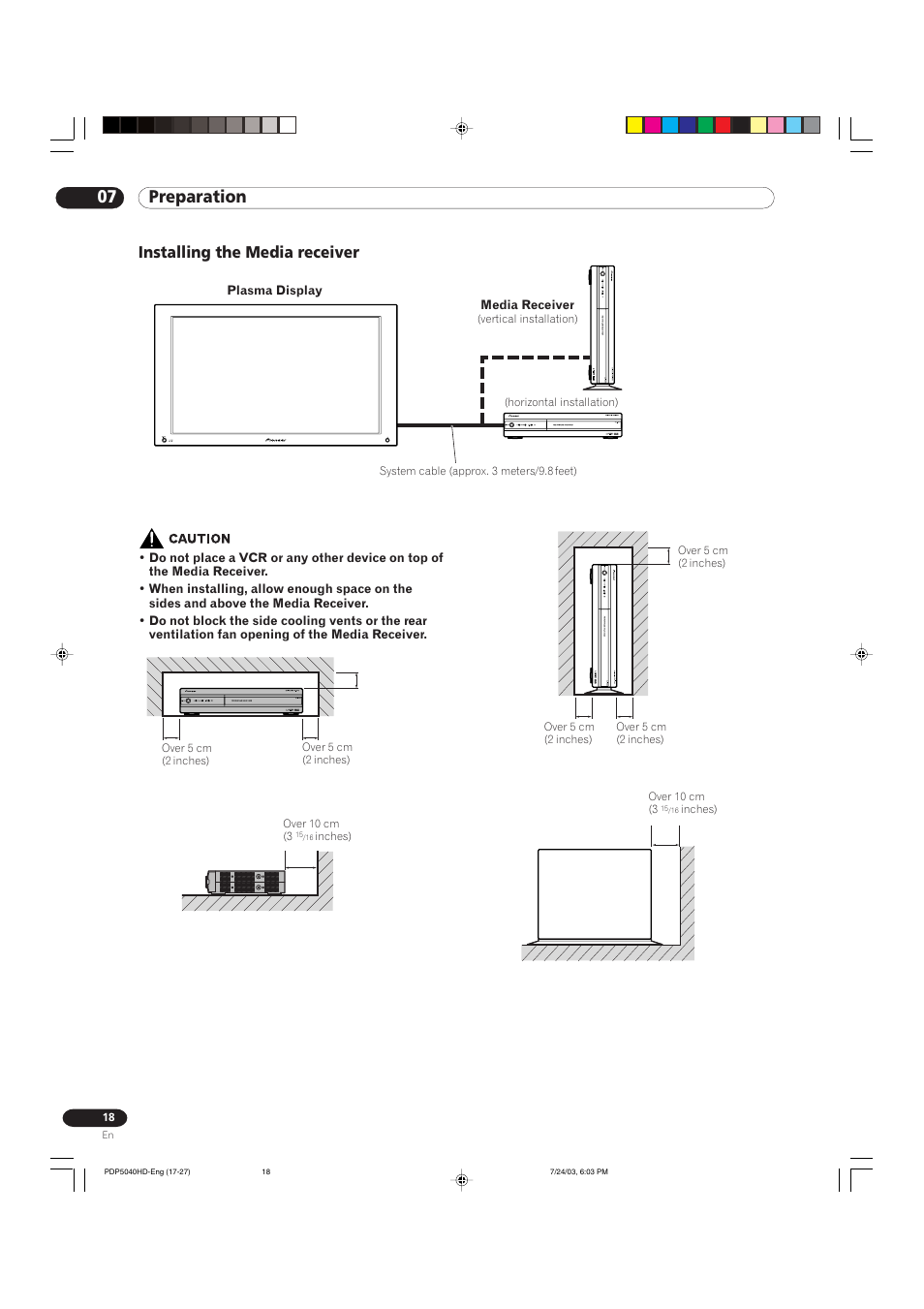07 preparation, Installing the media receiver | Pioneer PureVision PDP 5040HD User Manual | Page 18 / 110