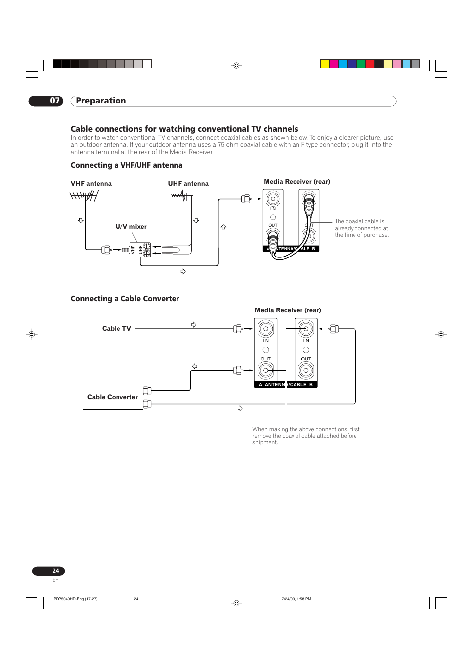 07 preparation, Connecting a vhf/uhf antenna, Connecting a cable converter | Pioneer PureVision PDP 5040HD User Manual | Page 24 / 110