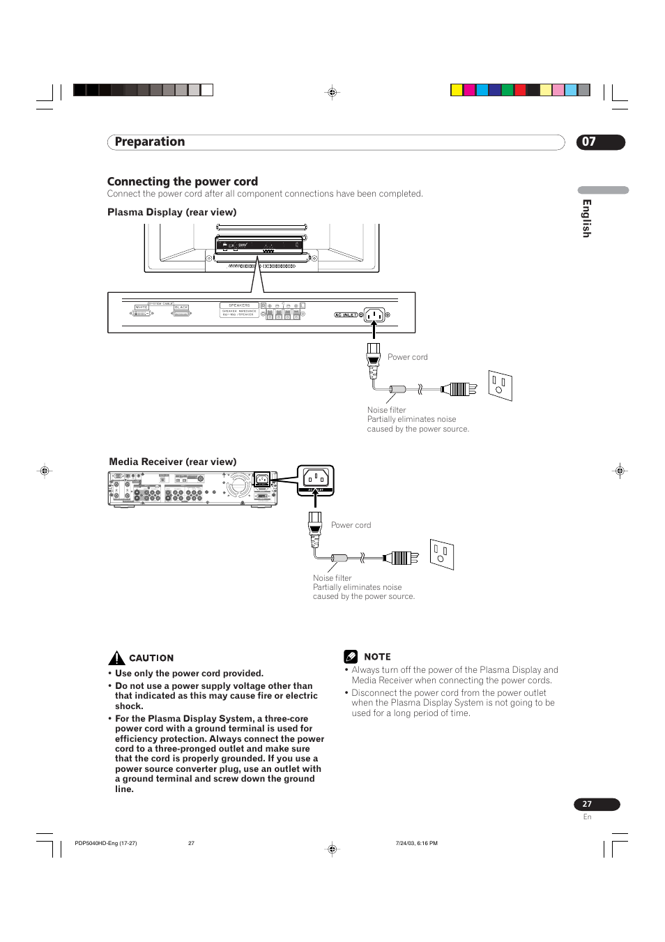 07 preparation, Connecting the power cord | Pioneer PureVision PDP 5040HD User Manual | Page 27 / 110