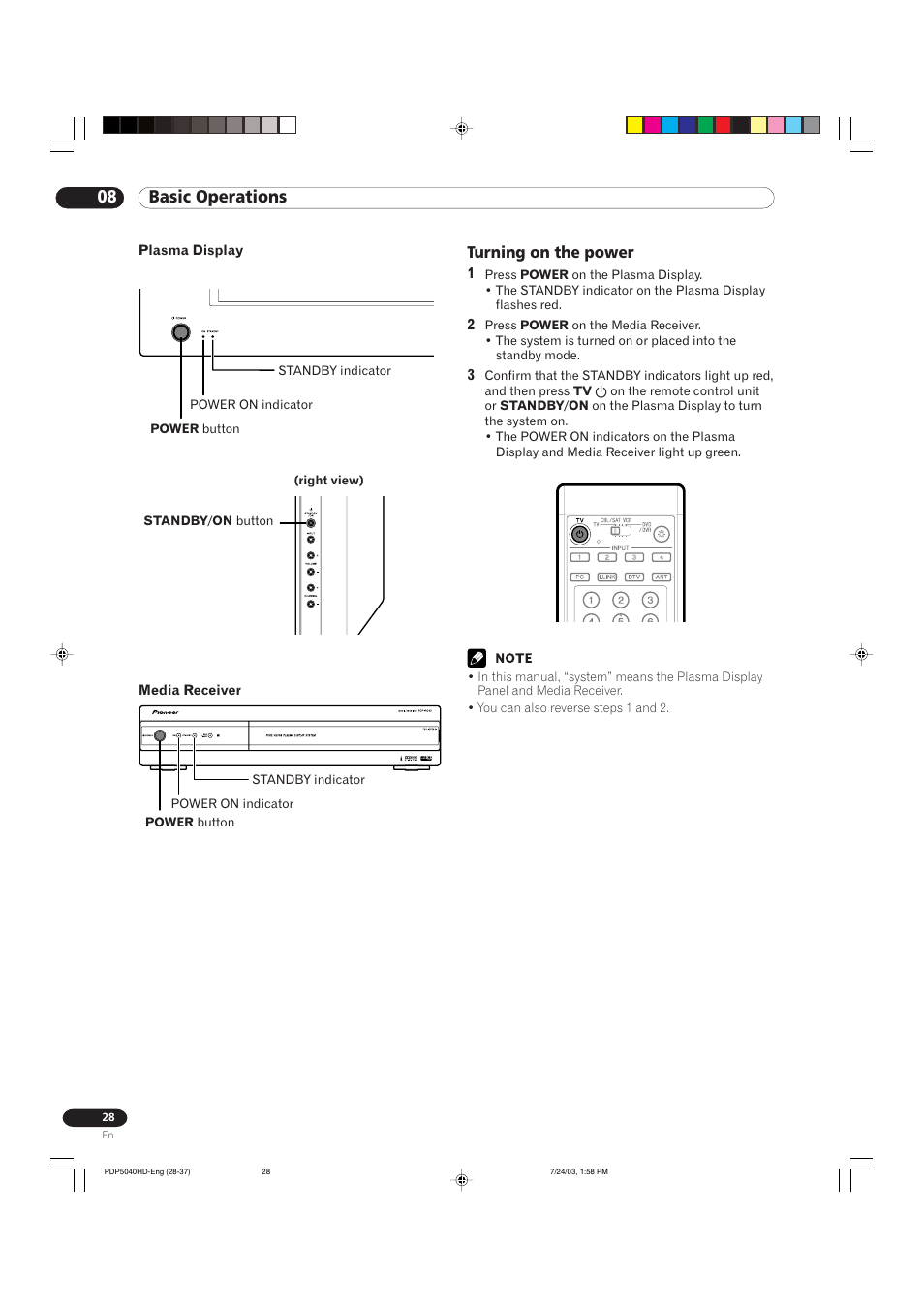 08 basic operations, Turning on the power | Pioneer PureVision PDP 5040HD User Manual | Page 28 / 110