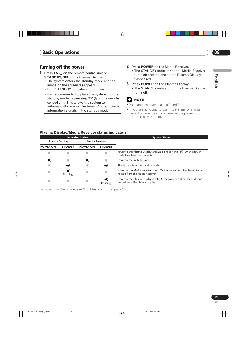 08 basic operations, Turning off the power | Pioneer PureVision PDP 5040HD User Manual | Page 29 / 110