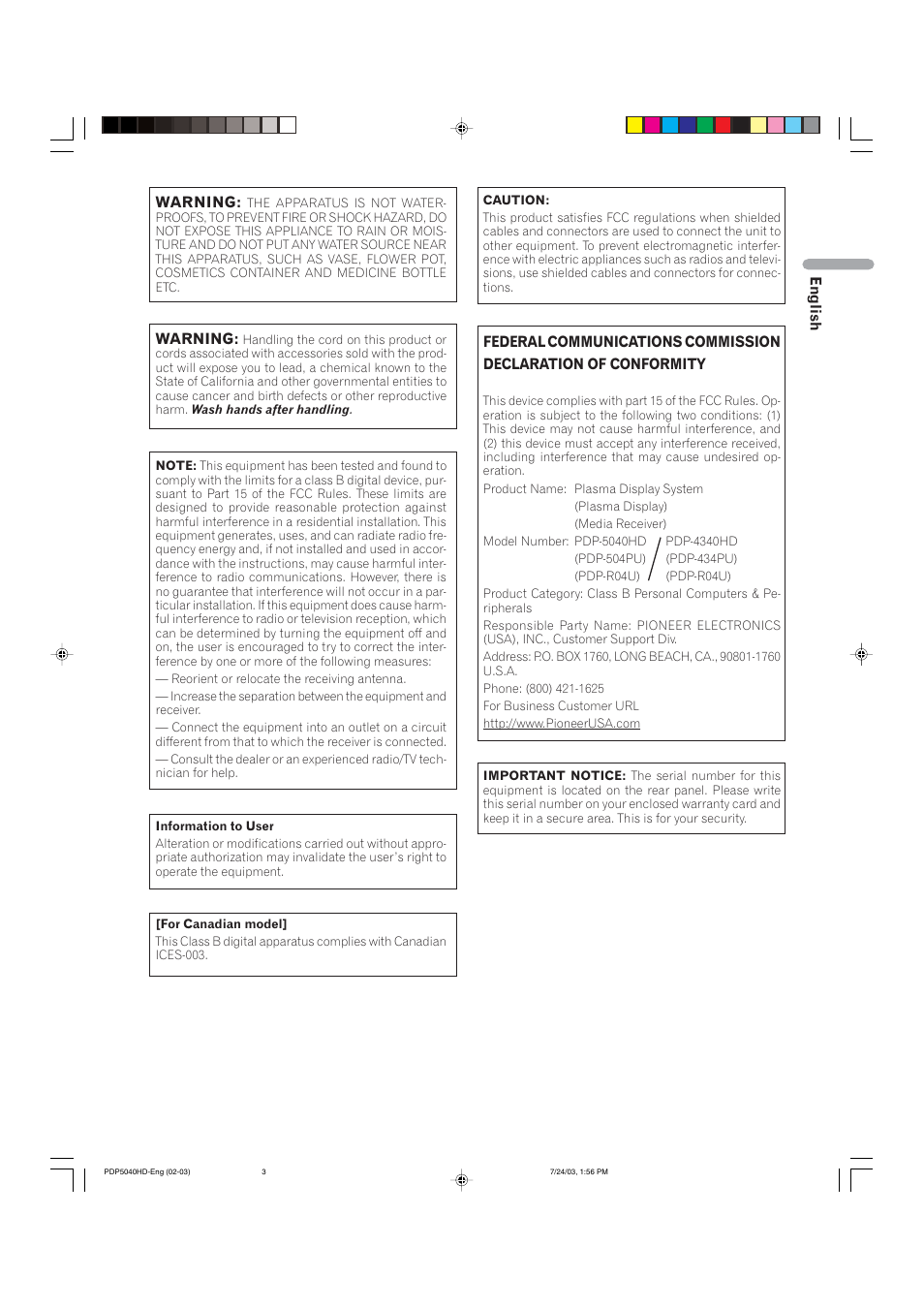 Pioneer PureVision PDP 5040HD User Manual | Page 3 / 110