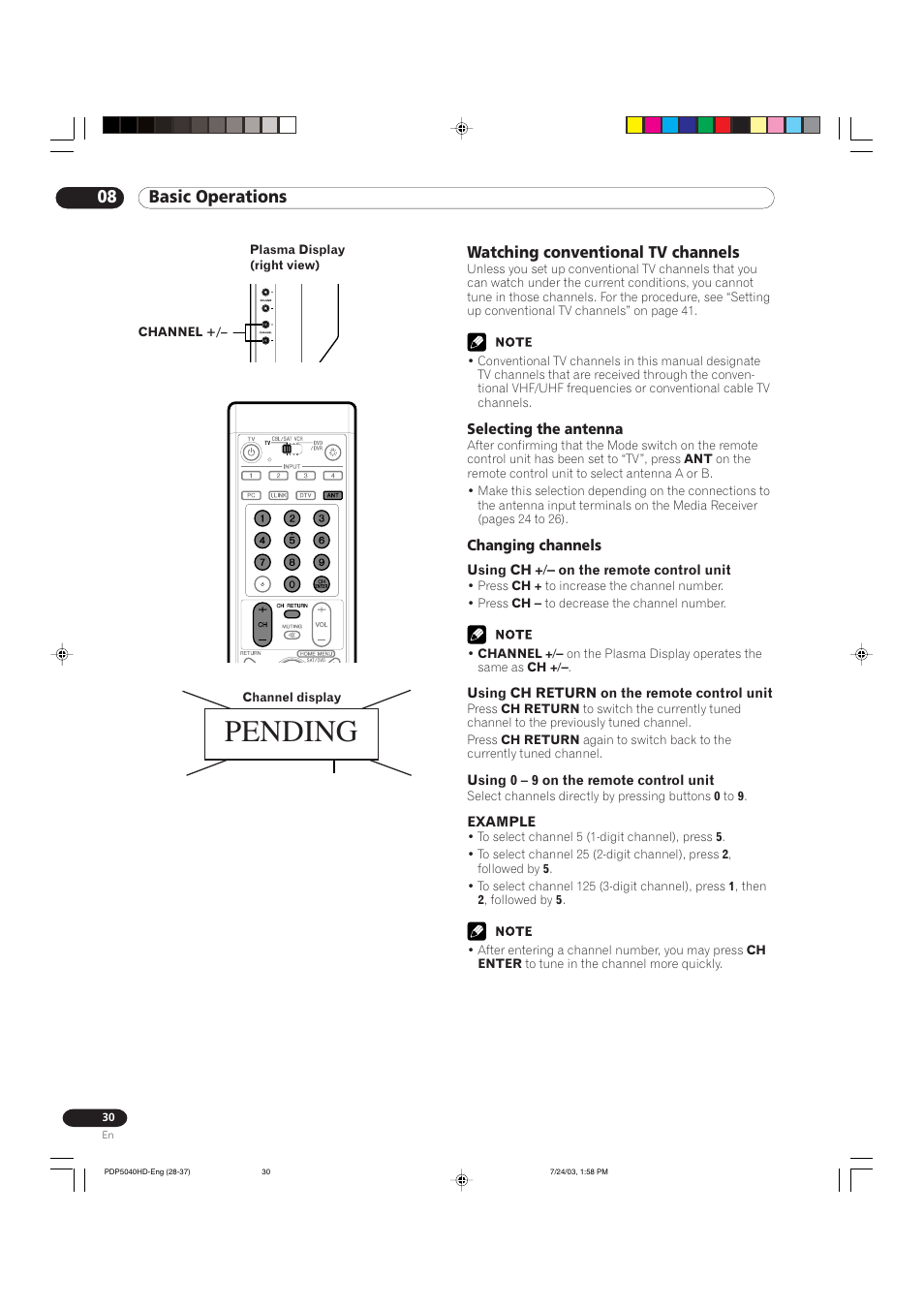 Pending, 08 basic operations, Watching conventional tv channels | Pioneer PureVision PDP 5040HD User Manual | Page 30 / 110