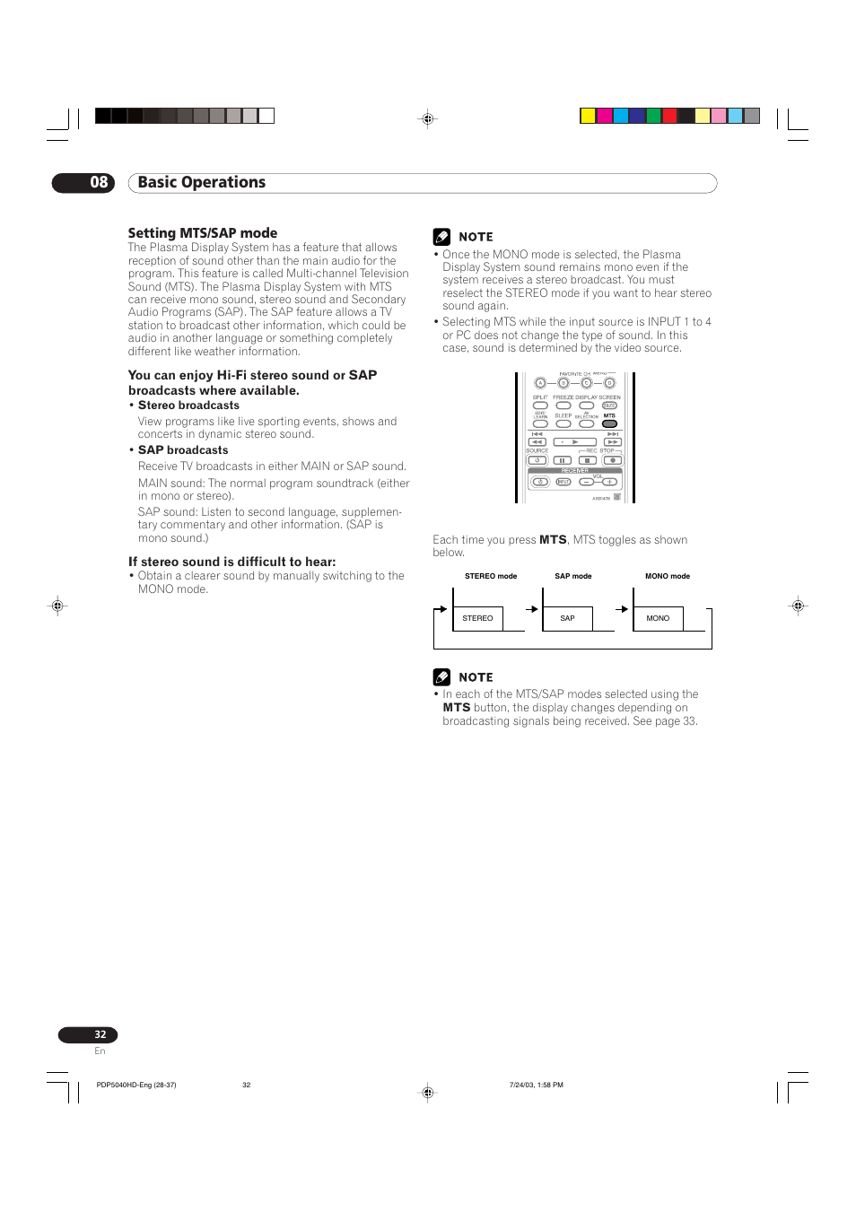 08 basic operations | Pioneer PureVision PDP 5040HD User Manual | Page 32 / 110