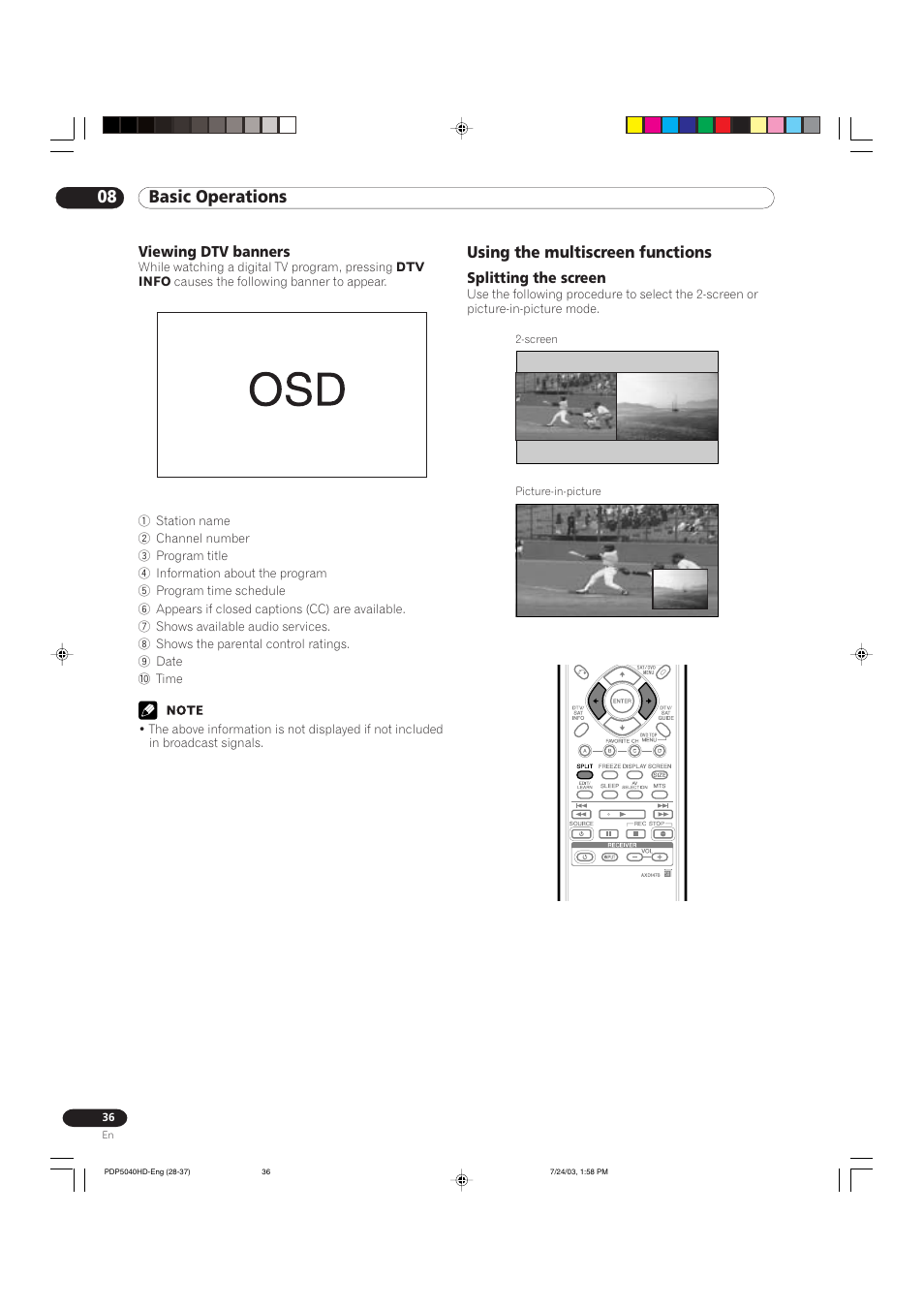08 basic operations, Using the multiscreen functions | Pioneer PureVision PDP 5040HD User Manual | Page 36 / 110